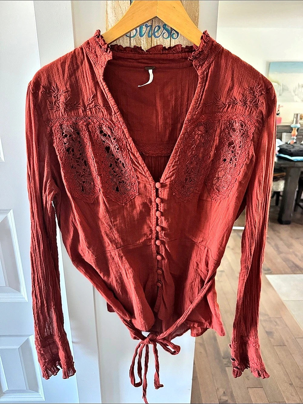 Free People Lace Detail Tie Front Blouse in Red size L